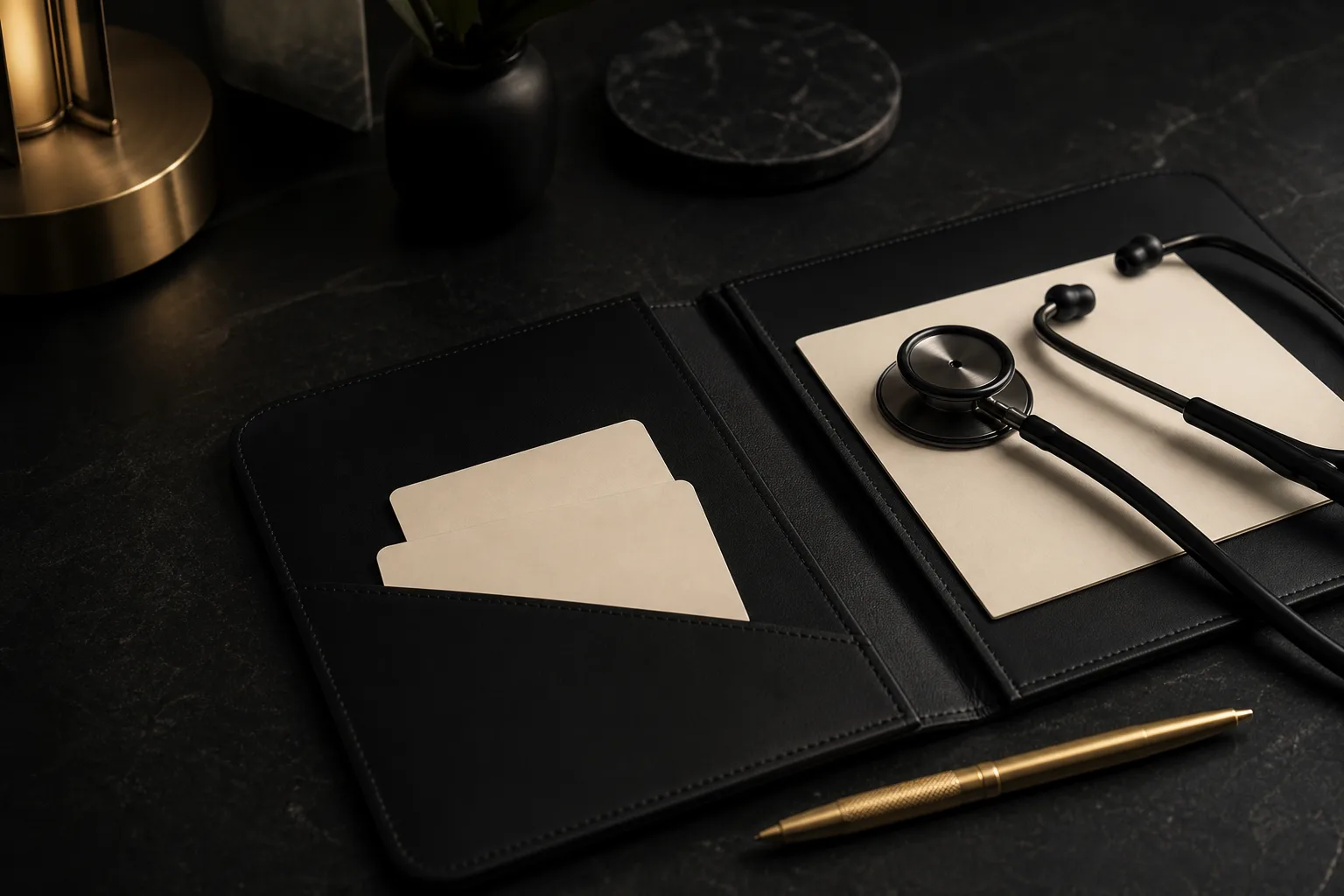 Physician's leather folio, stethoscope and pen on a desk at DC Medical in Franklin, MA